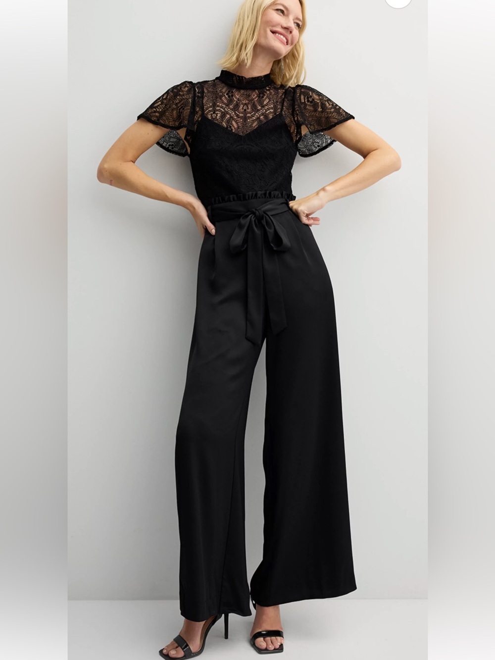 Nine West Black Lace Bodice Wide-Leg Jumpsuit with Tie Waist